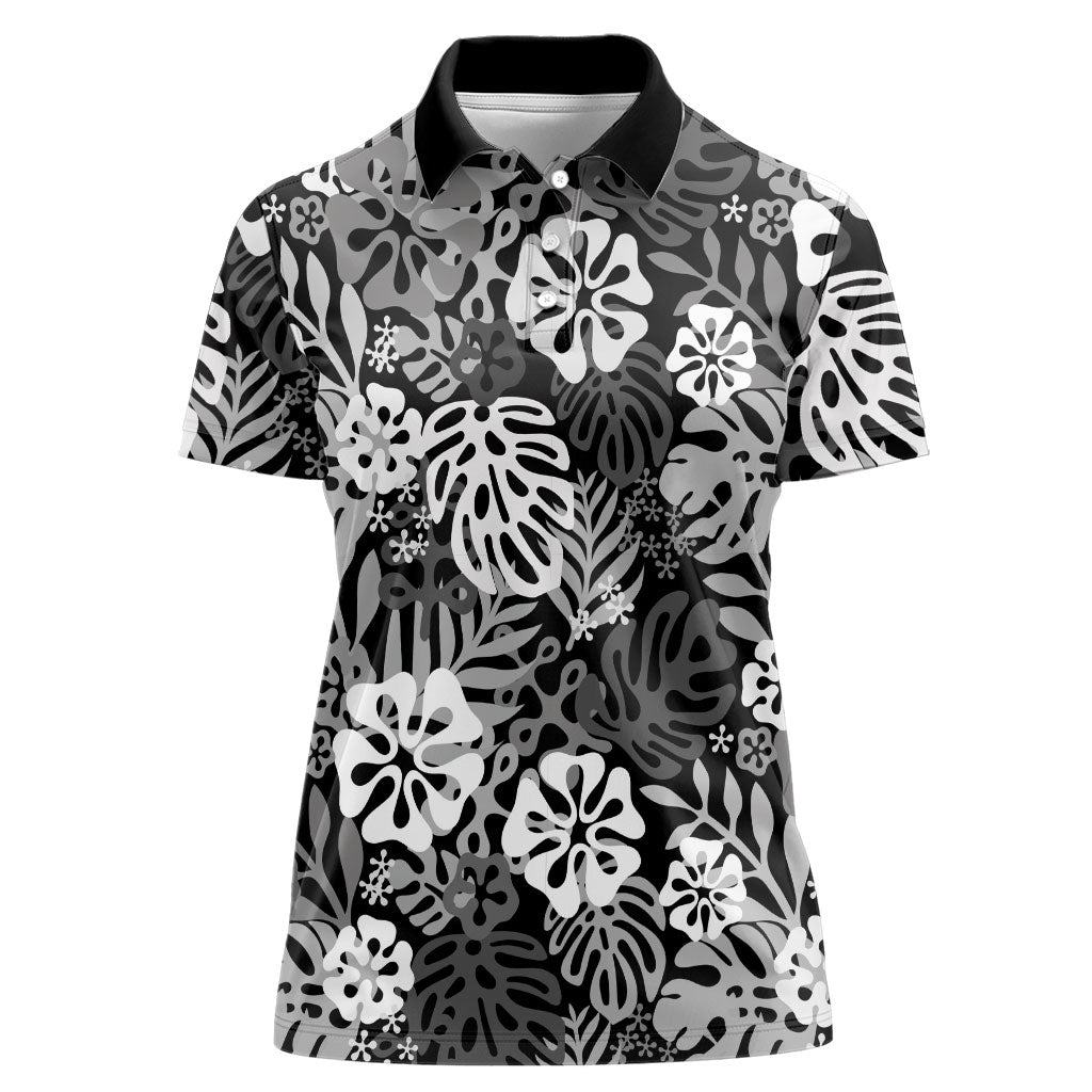Black Aloha Hawaiian Women Polo Shirt Monstera Hibiscus Tropical Pattern
