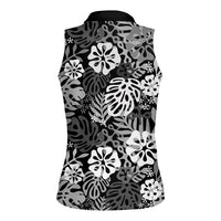 Black Aloha Hawaiian Women Sleeveless Polo Shirt Monstera Hibiscus Tropical Pattern
