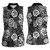 Black Aloha Hawaiian Women Sleeveless Polo Shirt Monstera Hibiscus Tropical Pattern