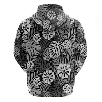 Black Aloha Hawaiian Zip Hoodie Monstera Hibiscus Tropical Pattern