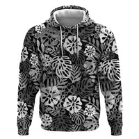 Black Aloha Hawaiian Zip Hoodie Monstera Hibiscus Tropical Pattern
