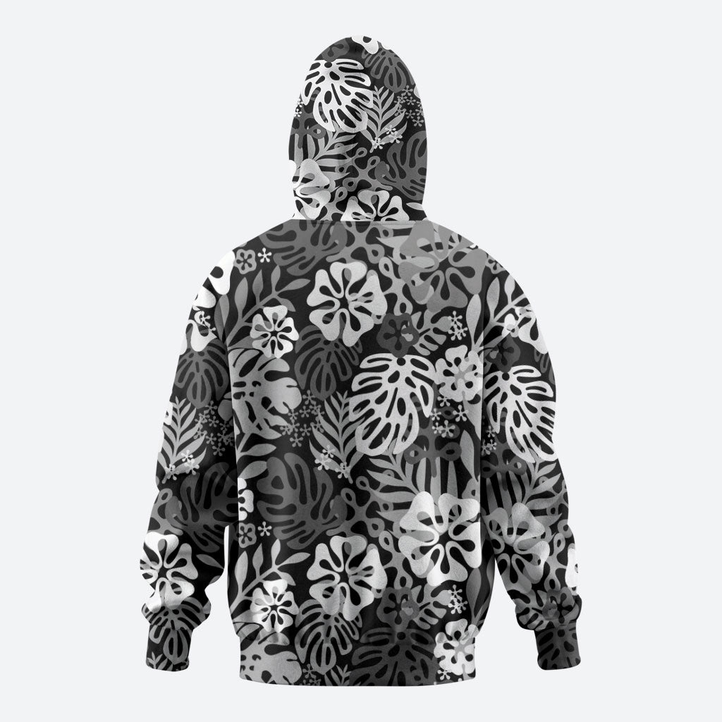 Black Aloha Hawaiian Zip Hoodie Monstera Hibiscus Tropical Pattern