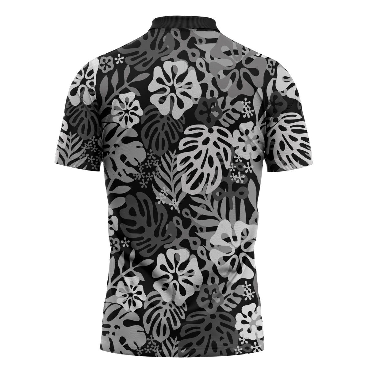 Black Aloha Hawaiian Zipper Polo Shirt Monstera Hibiscus Tropical Pattern