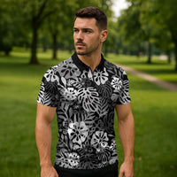 Black Aloha Hawaiian Zipper Polo Shirt Monstera Hibiscus Tropical Pattern