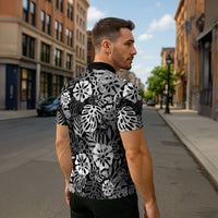 Black Aloha Hawaiian Zipper Polo Shirt Monstera Hibiscus Tropical Pattern