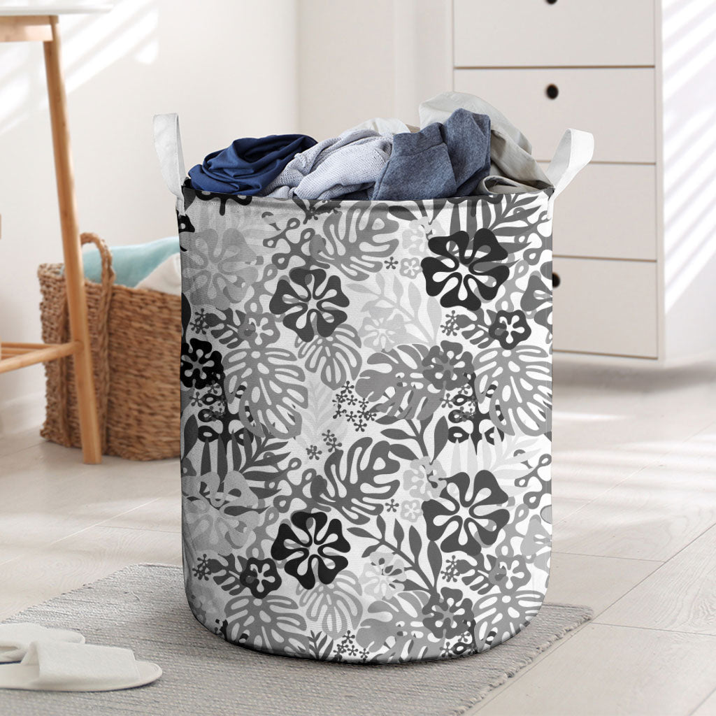 White Aloha Hawaiian Laundry Basket Monstera Hibiscus Tropical Pattern
