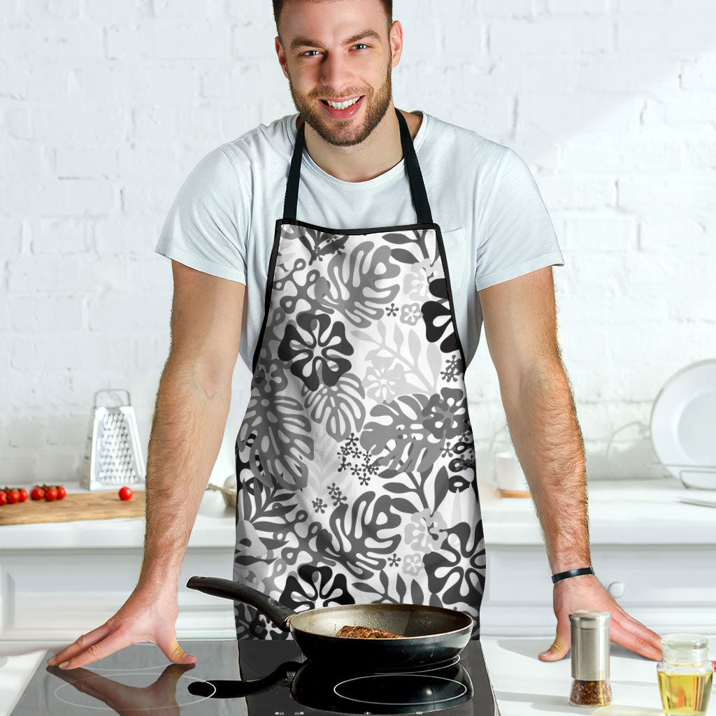 White Aloha Hawaiian Apron Monstera Hibiscus Tropical Pattern