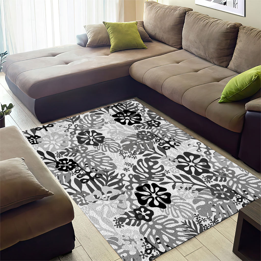 White Aloha Hawaiian Area Rug Monstera Hibiscus Tropical Pattern