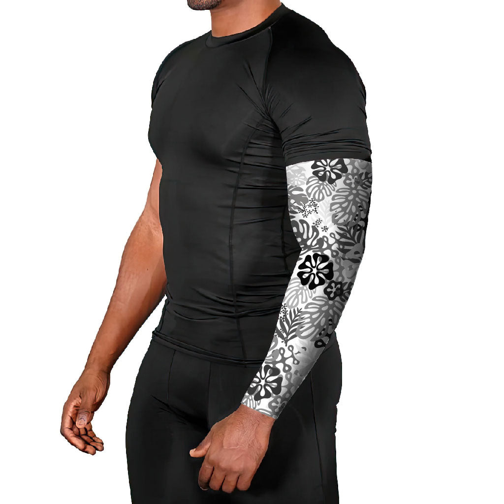 White Aloha Hawaiian Arm Sleeves Monstera Hibiscus Tropical Pattern