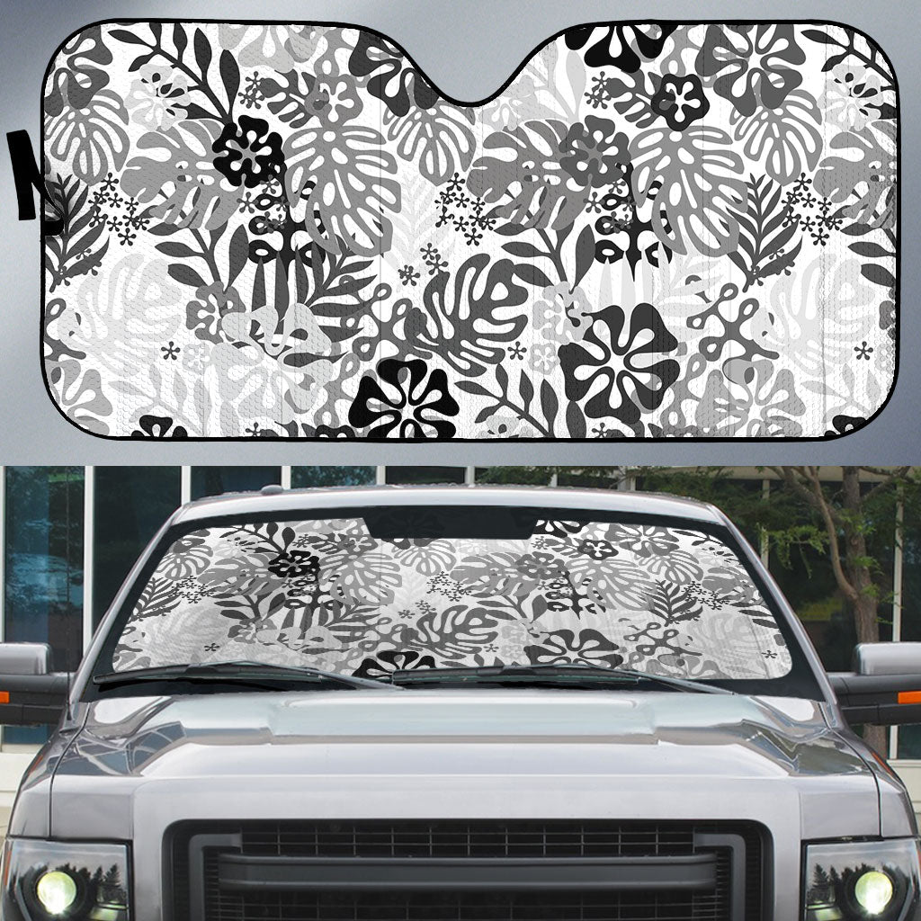 White Aloha Hawaiian Auto Sun Shade Monstera Hibiscus Tropical Pattern