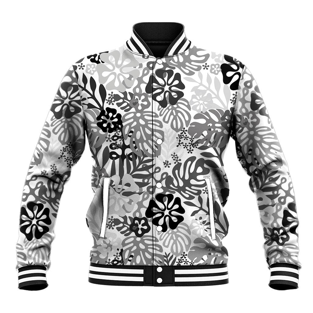 White Aloha Hawaiian Baseball Jacket Monstera Hibiscus Tropical Pattern