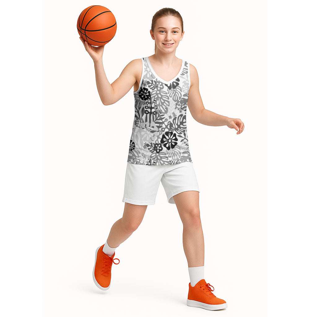 White Aloha Hawaiian Basketball Jersey Monstera Hibiscus Tropical Pattern