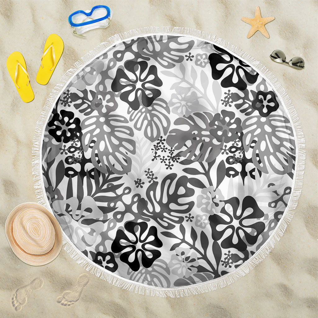 White Aloha Hawaiian Beach Blanket Monstera Hibiscus Tropical Pattern