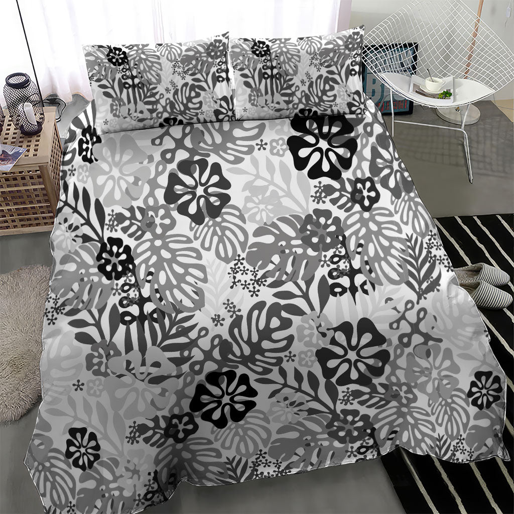 White Aloha Hawaiian Bedding Set Monstera Hibiscus Tropical Pattern