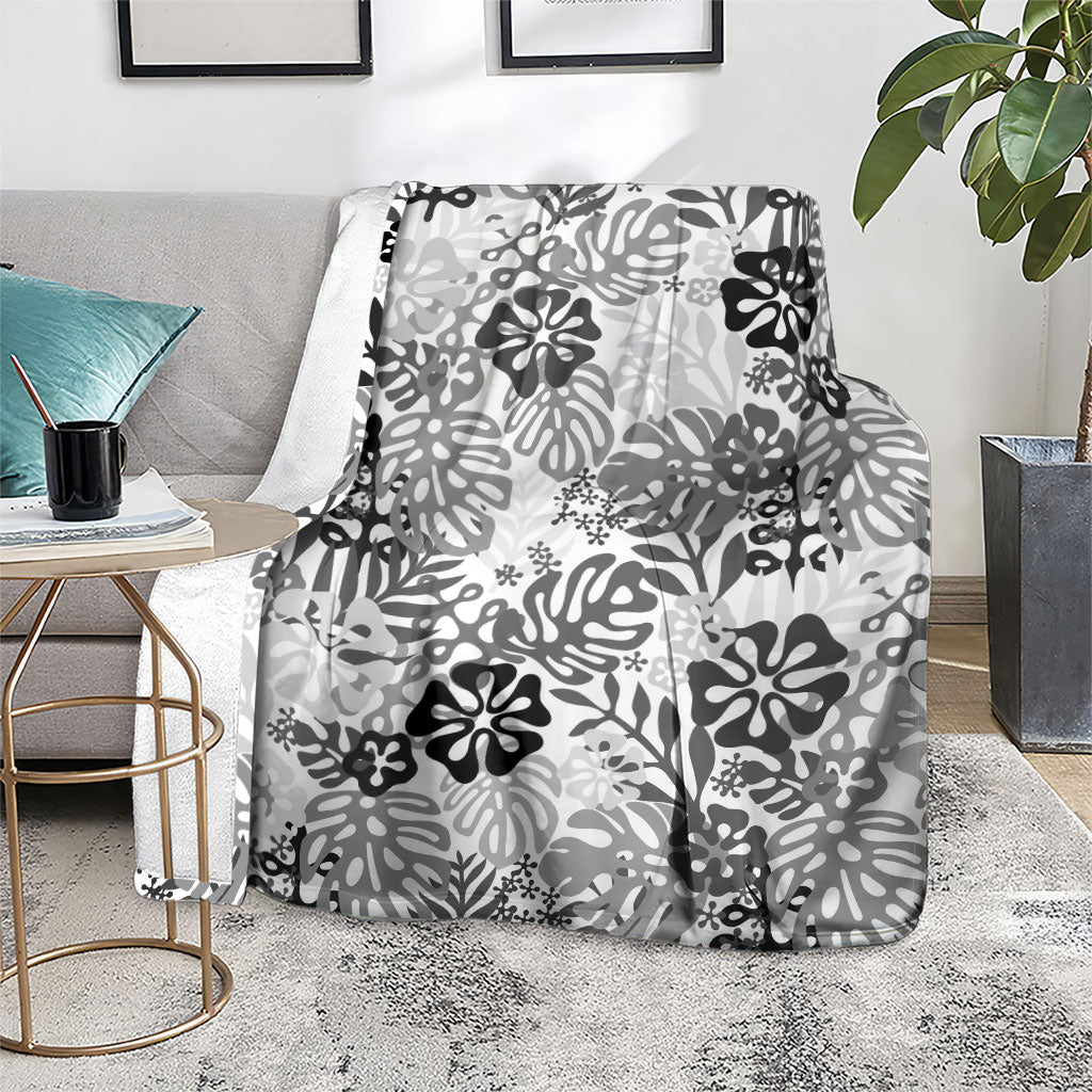 White Aloha Hawaiian Blanket Monstera Hibiscus Tropical Pattern