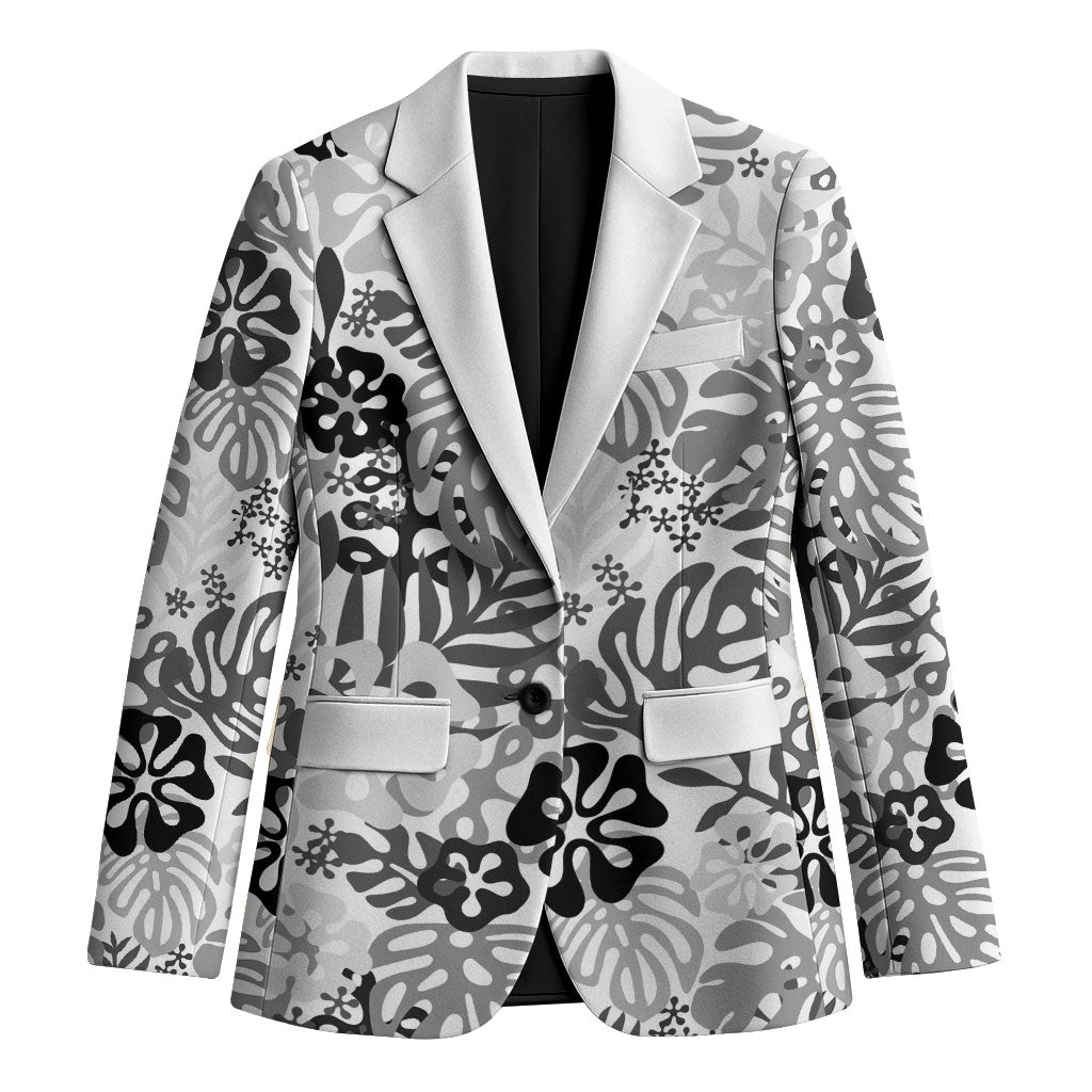 White Aloha Hawaiian Blazer Monstera Hibiscus Tropical Pattern
