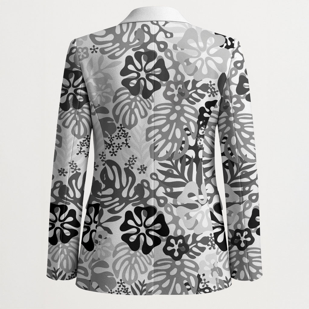 White Aloha Hawaiian Blazer Monstera Hibiscus Tropical Pattern