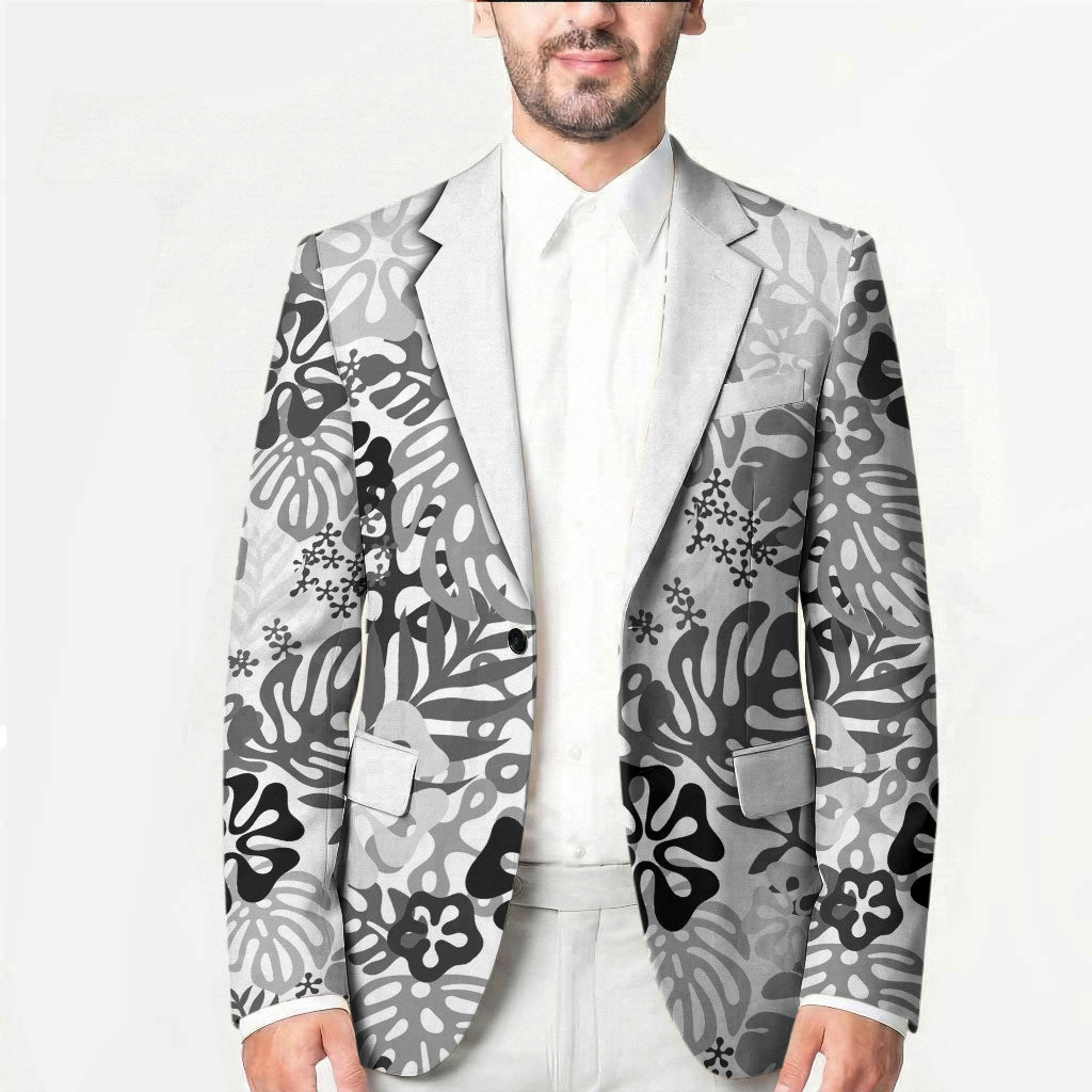 White Aloha Hawaiian Blazer Monstera Hibiscus Tropical Pattern