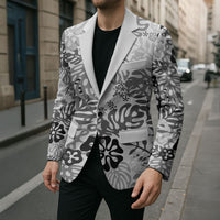 White Aloha Hawaiian Blazer Monstera Hibiscus Tropical Pattern