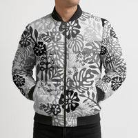 White Aloha Hawaiian Bomber Puffer Jacket Monstera Hibiscus Tropical Pattern