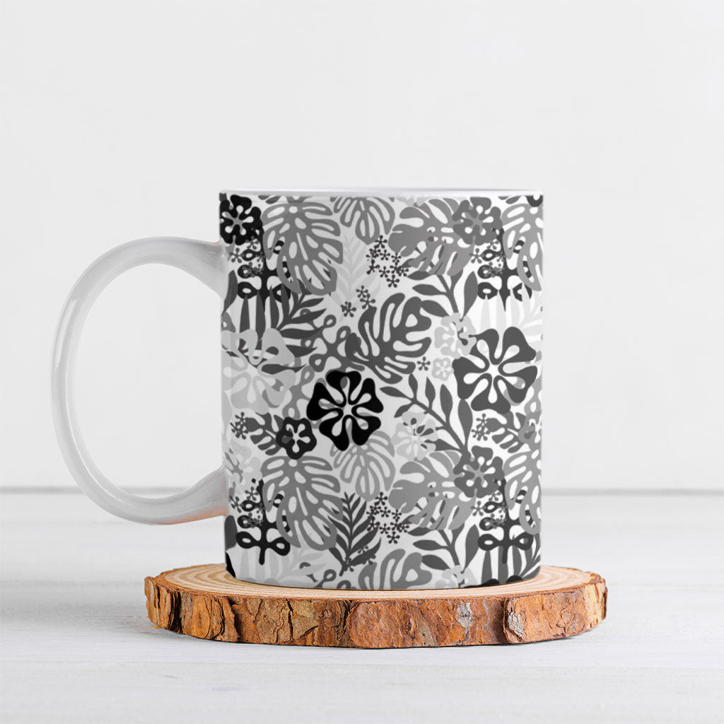 White Aloha Hawaiian Ceramic Mug Monstera Hibiscus Tropical Pattern