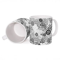 White Aloha Hawaiian Ceramic Mug Monstera Hibiscus Tropical Pattern