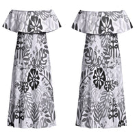 White Aloha Hawaiian Couples Matching Off Shoulder Maxi Dress and Hawaiian Shirt Monstera Hibiscus Tropical Pattern