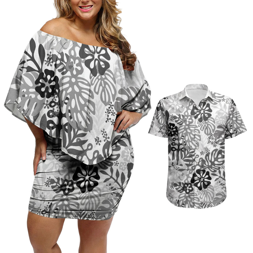 White Aloha Hawaiian Couples Matching Off Shoulder Short Dress and Hawaiian Shirt Monstera Hibiscus Tropical Pattern