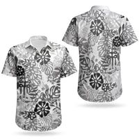White Aloha Hawaiian Couples Matching Off The Shoulder Long Sleeve Dress and Hawaiian Shirt Monstera Hibiscus Tropical Pattern