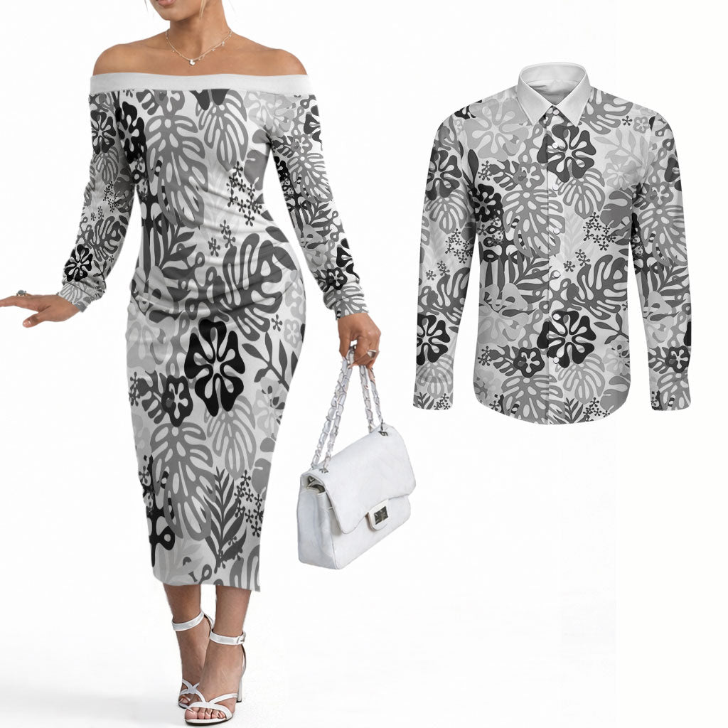 White Aloha Hawaiian Couples Matching Off The Shoulder Long Sleeve Dress and Long Sleeve Button Shirt Monstera Hibiscus Tropical Pattern