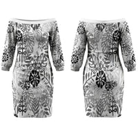White Aloha Hawaiian Couples Matching Off The Shoulder Long Sleeve Dress and Long Sleeve Button Shirt Monstera Hibiscus Tropical Pattern