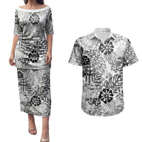 White Aloha Hawaiian Couples Matching Puletasi and Hawaiian Shirt Monstera Hibiscus Tropical Pattern