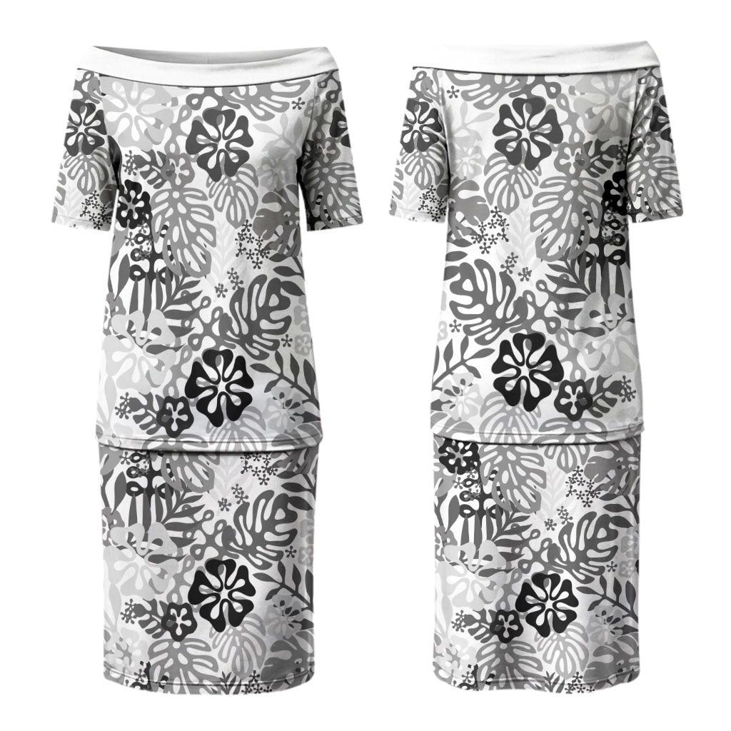 White Aloha Hawaiian Couples Matching Puletasi and Hawaiian Shirt Monstera Hibiscus Tropical Pattern