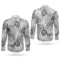 White Aloha Hawaiian Couples Matching Summer Maxi Dress and Long Sleeve Button Shirt Monstera Hibiscus Tropical Pattern