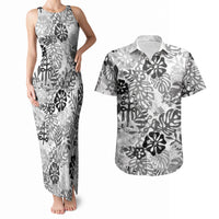 White Aloha Hawaiian Couples Matching Tank Maxi Dress and Hawaiian Shirt Monstera Hibiscus Tropical Pattern
