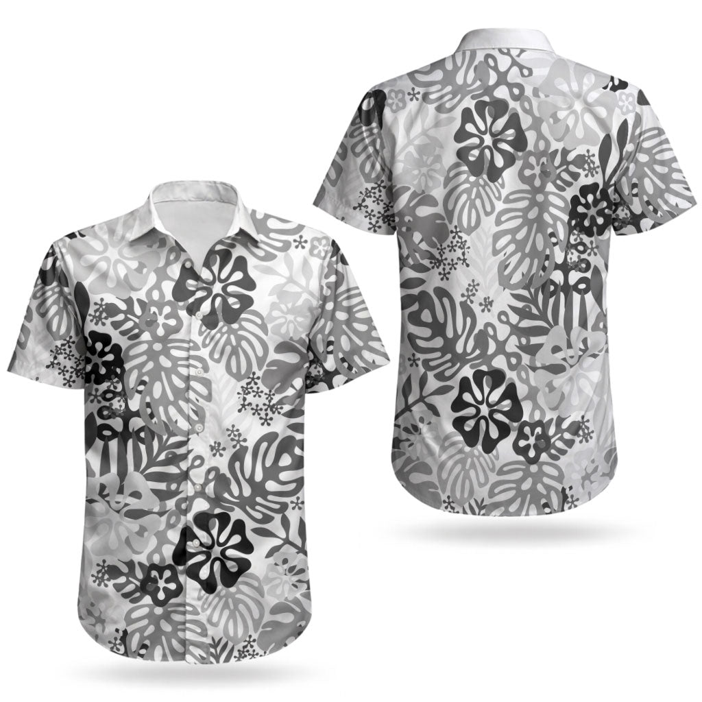 White Aloha Hawaiian Couples Matching Tank Maxi Dress and Hawaiian Shirt Monstera Hibiscus Tropical Pattern