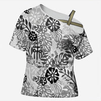 White Aloha Hawaiian Cross Shoulder Shirt Monstera Hibiscus Tropical Pattern