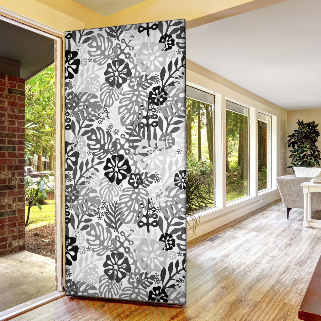 White Aloha Hawaiian Door Cover Monstera Hibiscus Tropical Pattern