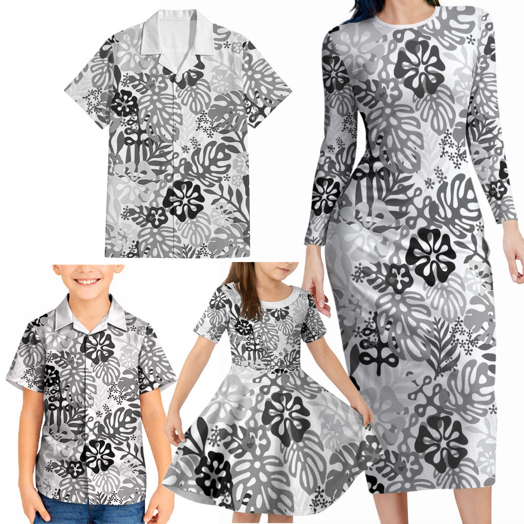 White Aloha Hawaiian Family Matching Long Sleeve Bodycon Dress and Hawaiian Shirt Monstera Hibiscus Tropical Pattern