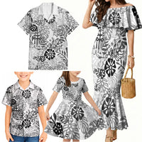 White Aloha Hawaiian Family Matching Mermaid Dress and Hawaiian Shirt Monstera Hibiscus Tropical Pattern