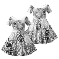 White Aloha Hawaiian Family Matching Off The Shoulder Long Sleeve Dress and Hawaiian Shirt Monstera Hibiscus Tropical Pattern