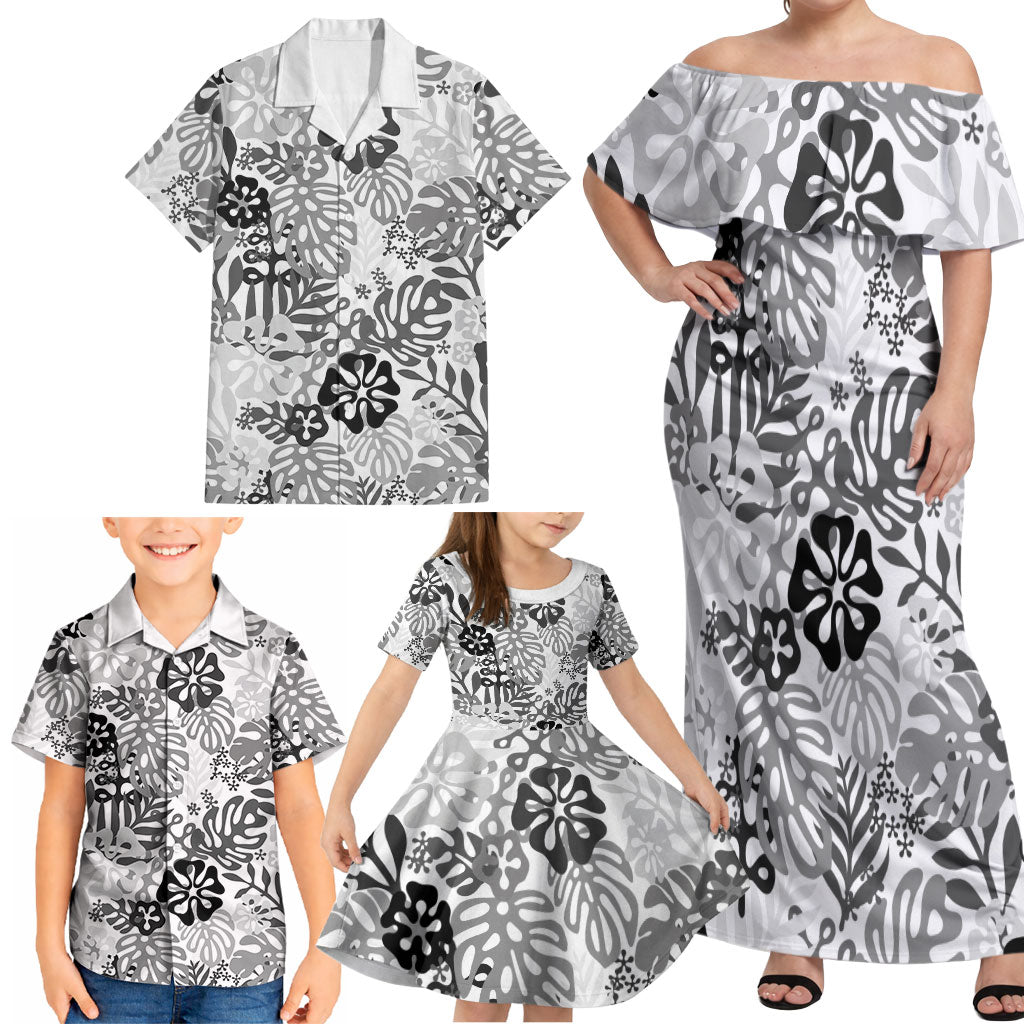 White Aloha Hawaiian Family Matching Off Shoulder Maxi Dress and Hawaiian Shirt Monstera Hibiscus Tropical Pattern