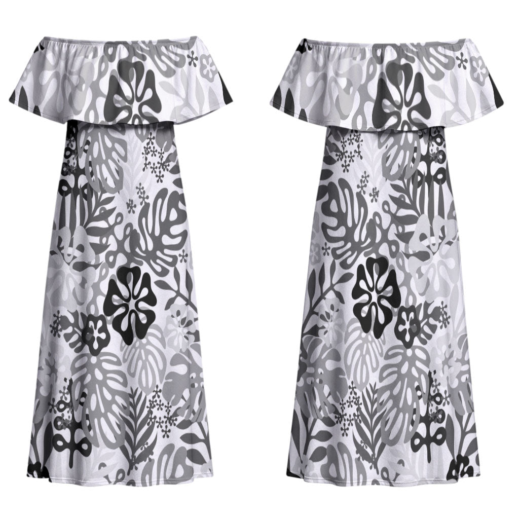 White Aloha Hawaiian Family Matching Off Shoulder Maxi Dress and Hawaiian Shirt Monstera Hibiscus Tropical Pattern