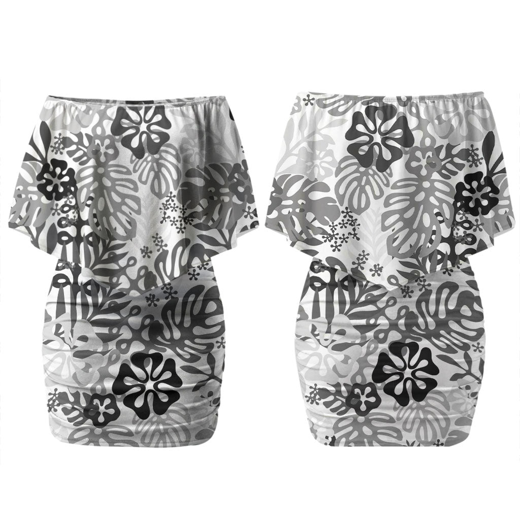 White Aloha Hawaiian Family Matching Off Shoulder Short Dress and Hawaiian Shirt Monstera Hibiscus Tropical Pattern