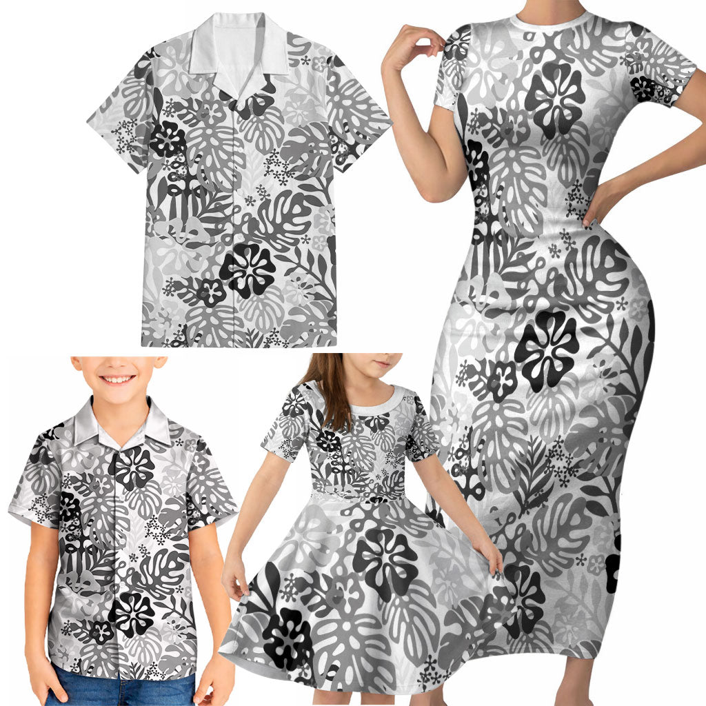 White Aloha Hawaiian Family Matching Short Sleeve Bodycon Dress and Hawaiian Shirt Monstera Hibiscus Tropical Pattern