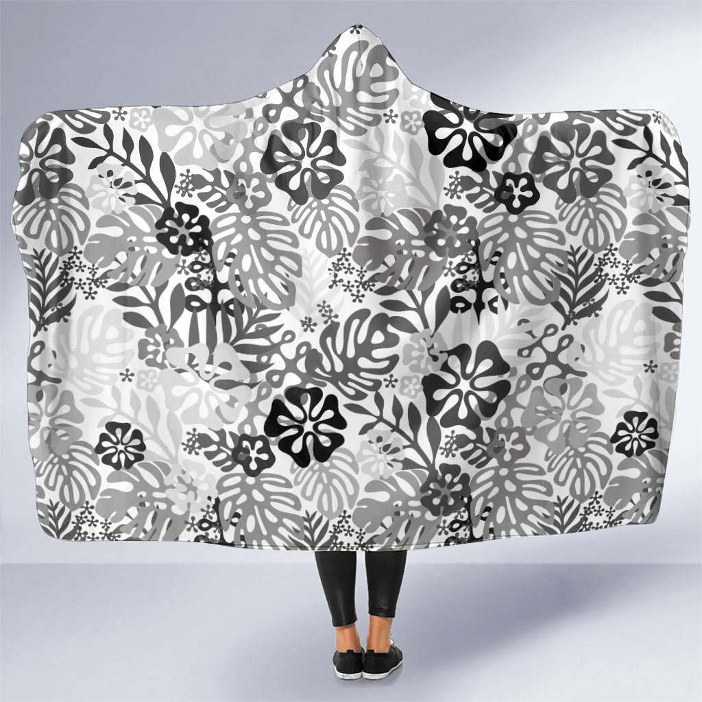 White Aloha Hawaiian Hooded Blanket Monstera Hibiscus Tropical Pattern