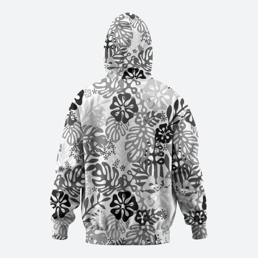 White Aloha Hawaiian Hoodie Monstera Hibiscus Tropical Pattern