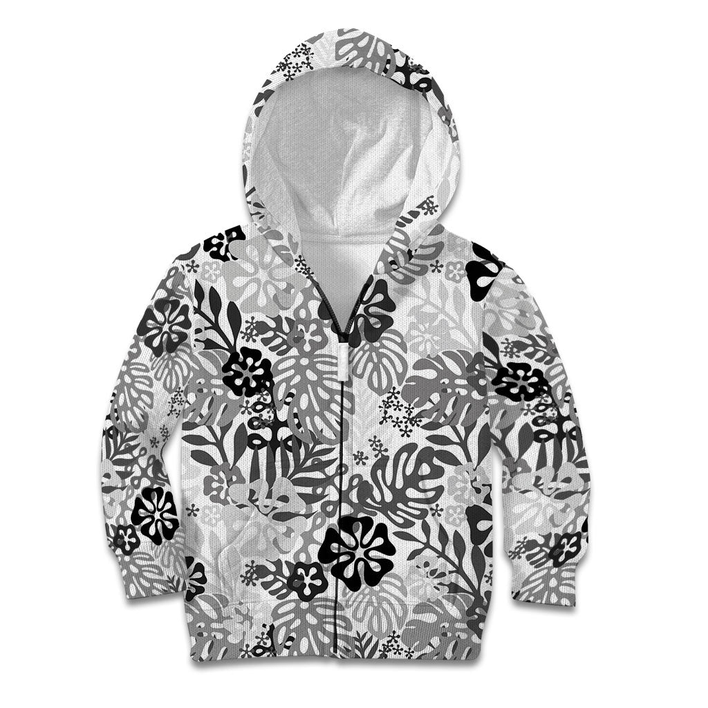 White Aloha Hawaiian Kid Hoodie Monstera Hibiscus Tropical Pattern