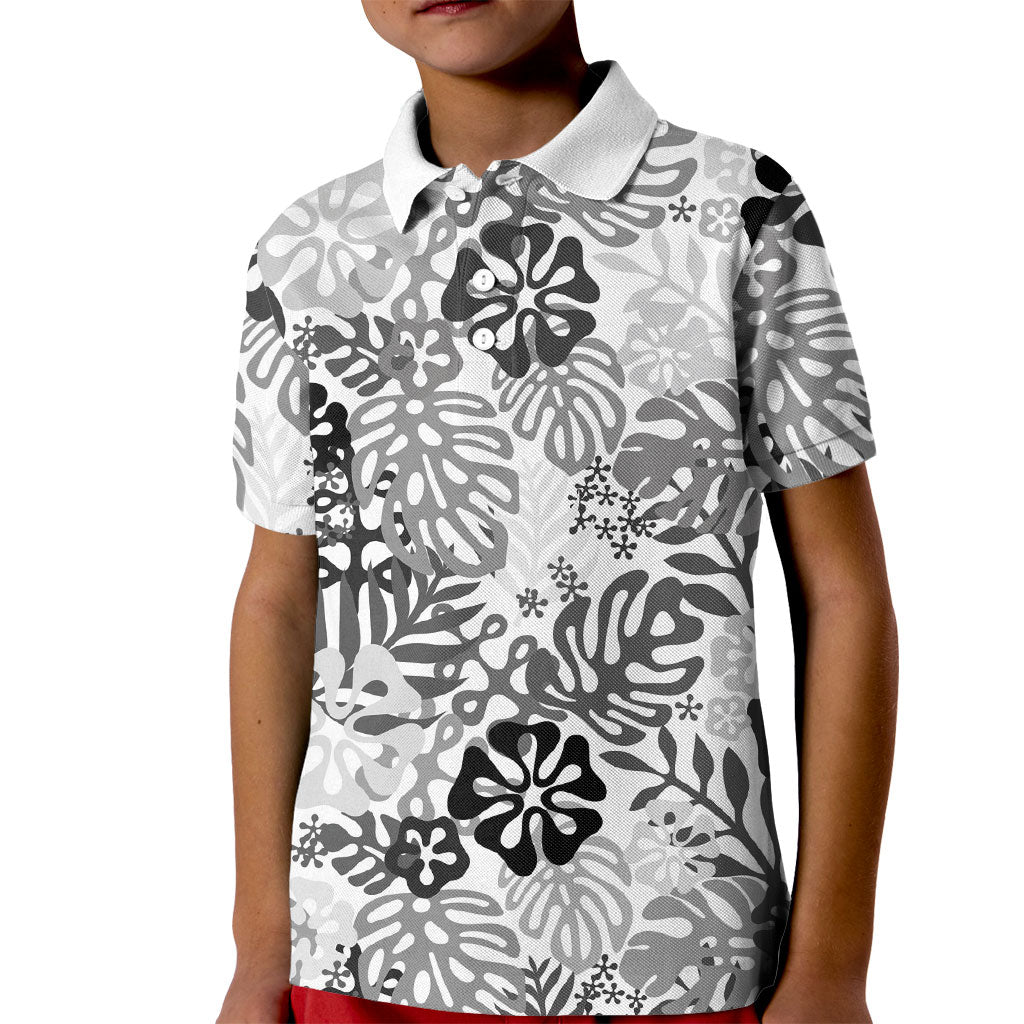 White Aloha Hawaiian Kid Polo Shirt Monstera Hibiscus Tropical Pattern