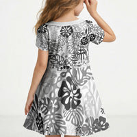 White Aloha Hawaiian Kid Short Sleeve Dress Monstera Hibiscus Tropical Pattern